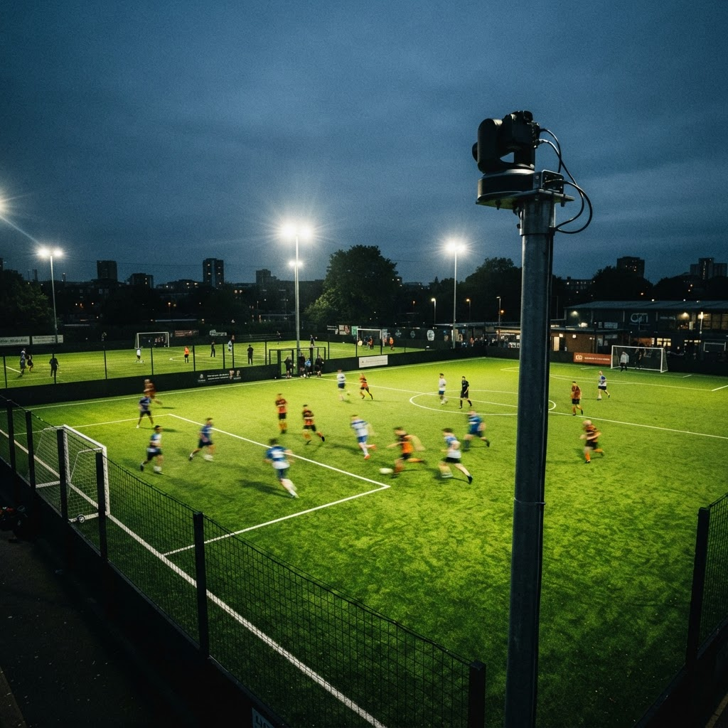 Floodlit football pitch at dusk with an automated camera unit mounted on a pole