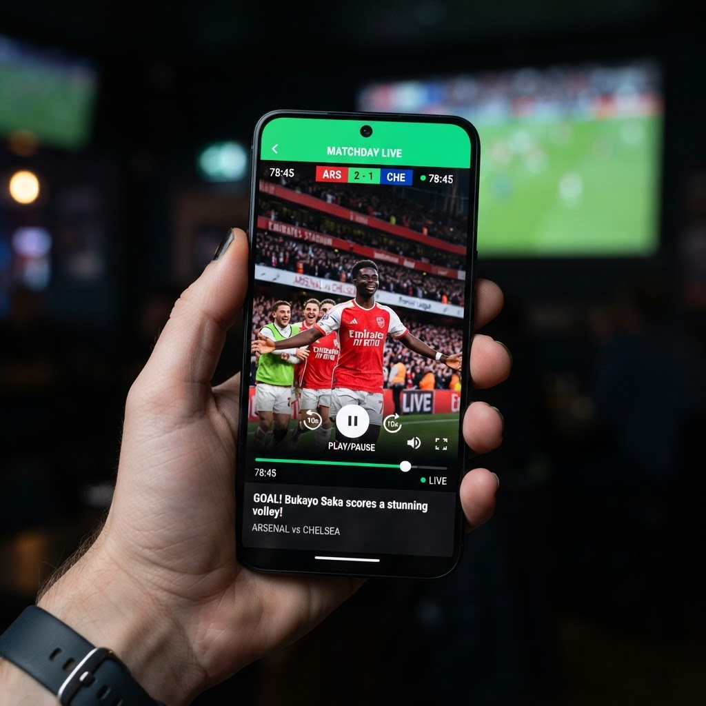 A smartphone showing a football highlight video with a goal celebration