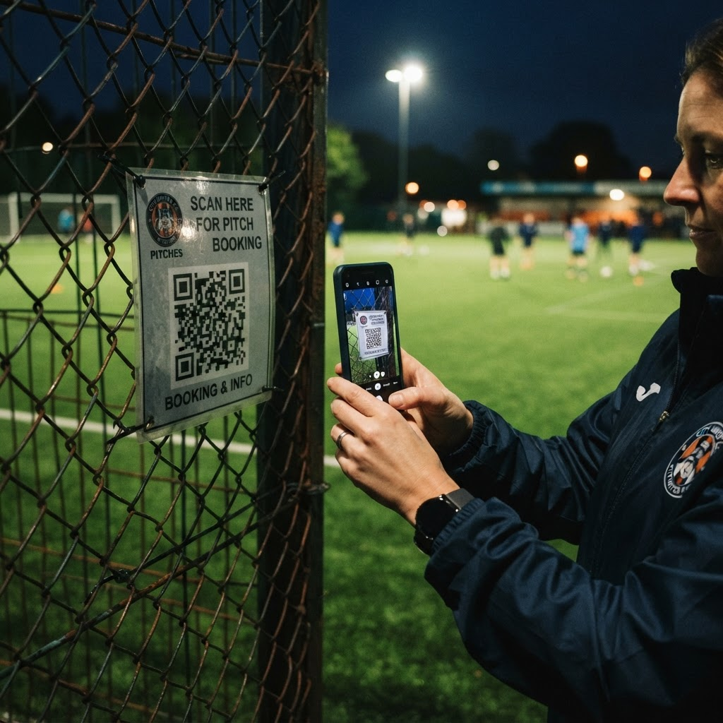 A player scanning a pitchside QR code with their smartphone beside a floodlit pitch